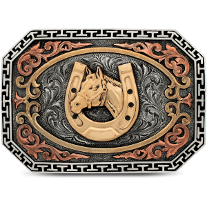 A custom western belt buckle for men with a personalized horse and horseshoe figure built on a hand engraved silver base and a frets frame